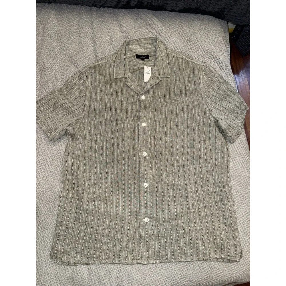 Banana Republic Linen Blend Button Down Camp Collar Shirt Grey Stripes Size L